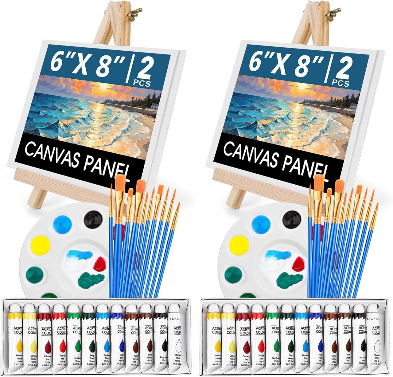 52PCS Acrylic Paint Canvas Set, Acrylic Painting Kit with 2 Set of 12 Colors Acrylic Paint,Paint Brushes,Canvas, Wooden Easels, Art Plates, Art Painting Supplies for Kids Adults